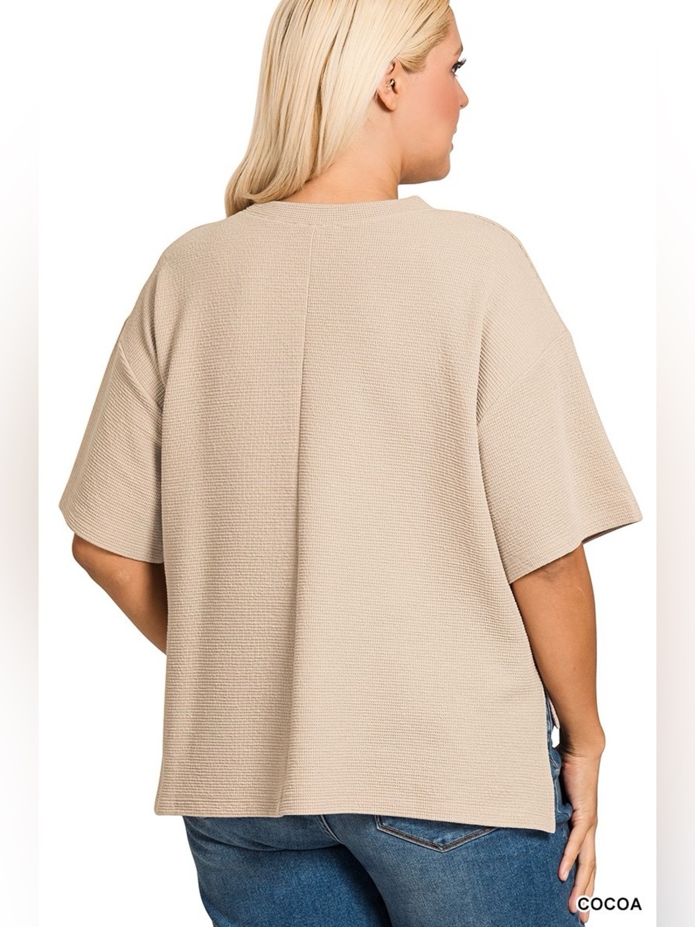 Zenana PLUS Cocoa Double Knit Side Slits Hi Low Short Slv Top - Picture 3 of 3